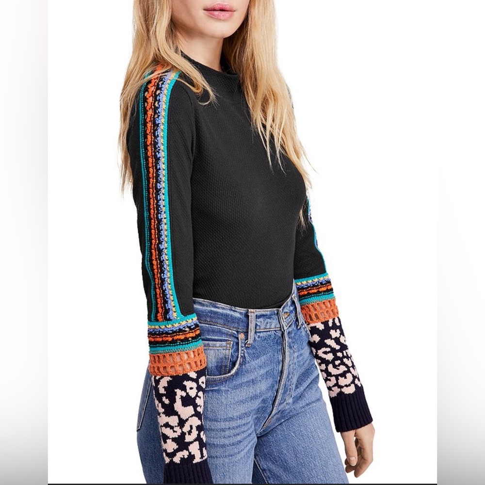 Free People Black Switch It Up Thermal Waffle Knit Sweater Top Size XSmall